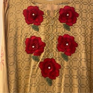 Mustard Dress with Red Floral Embroidery